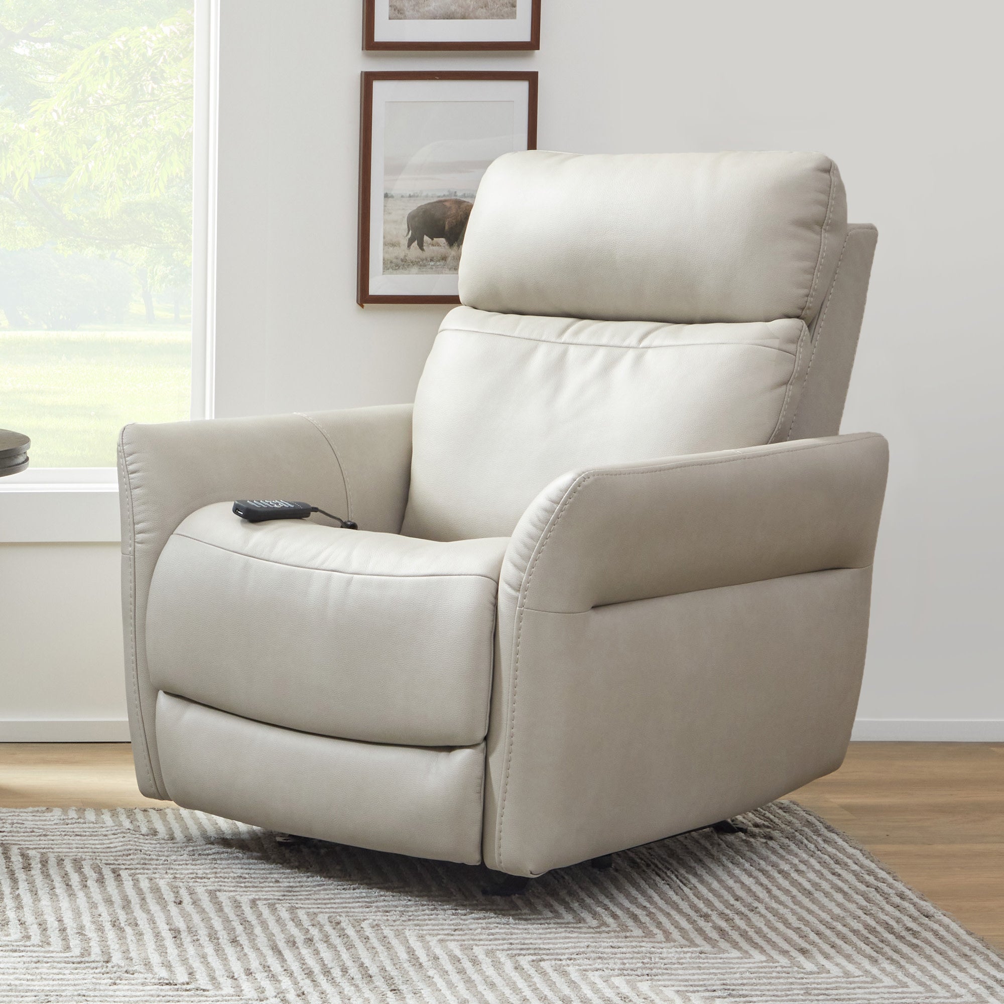 Artemis Dove Fabric Power Rocking Recliner with Power Headrest, Lumbar, Heat & Massage