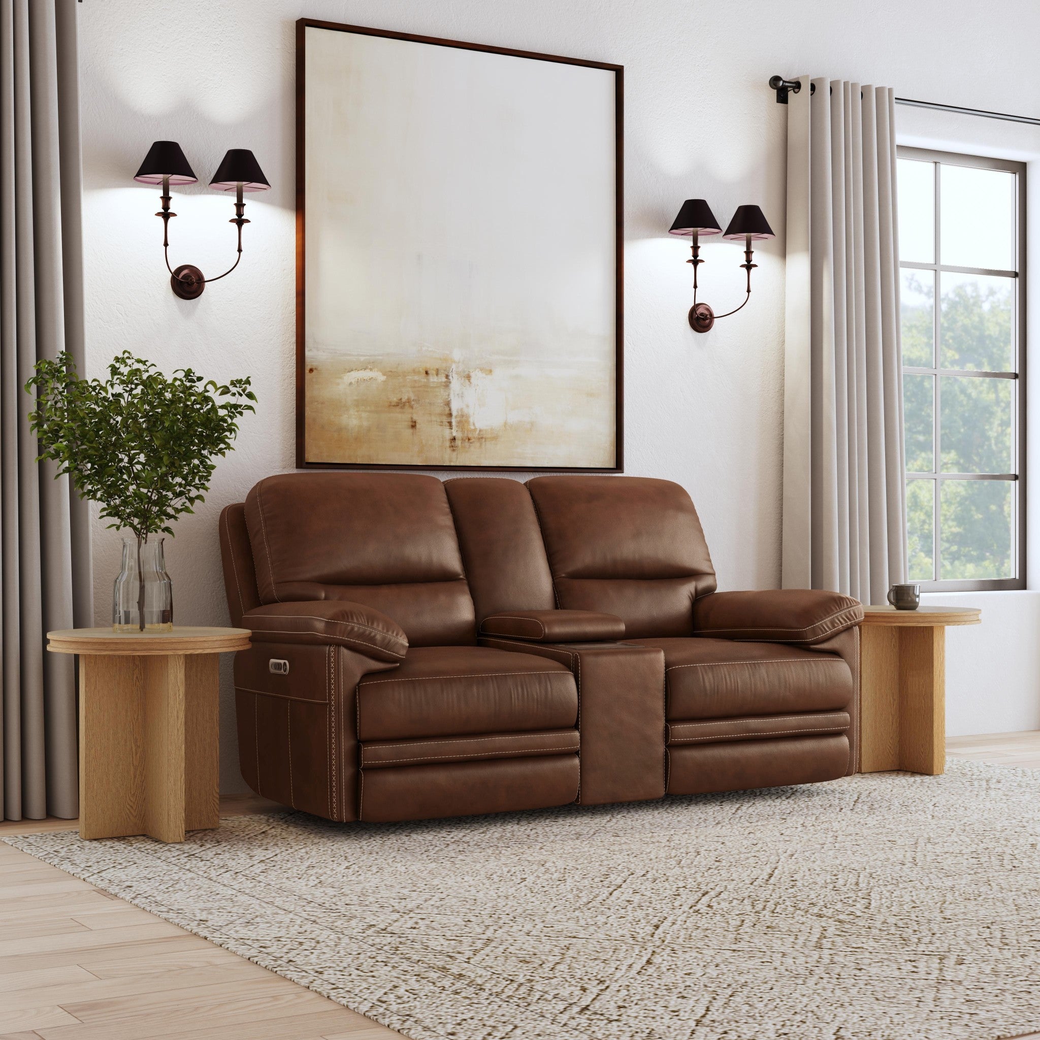 David Giotto Leather Power Reclining Loveseat with Console, Power Headrests & Lumbar