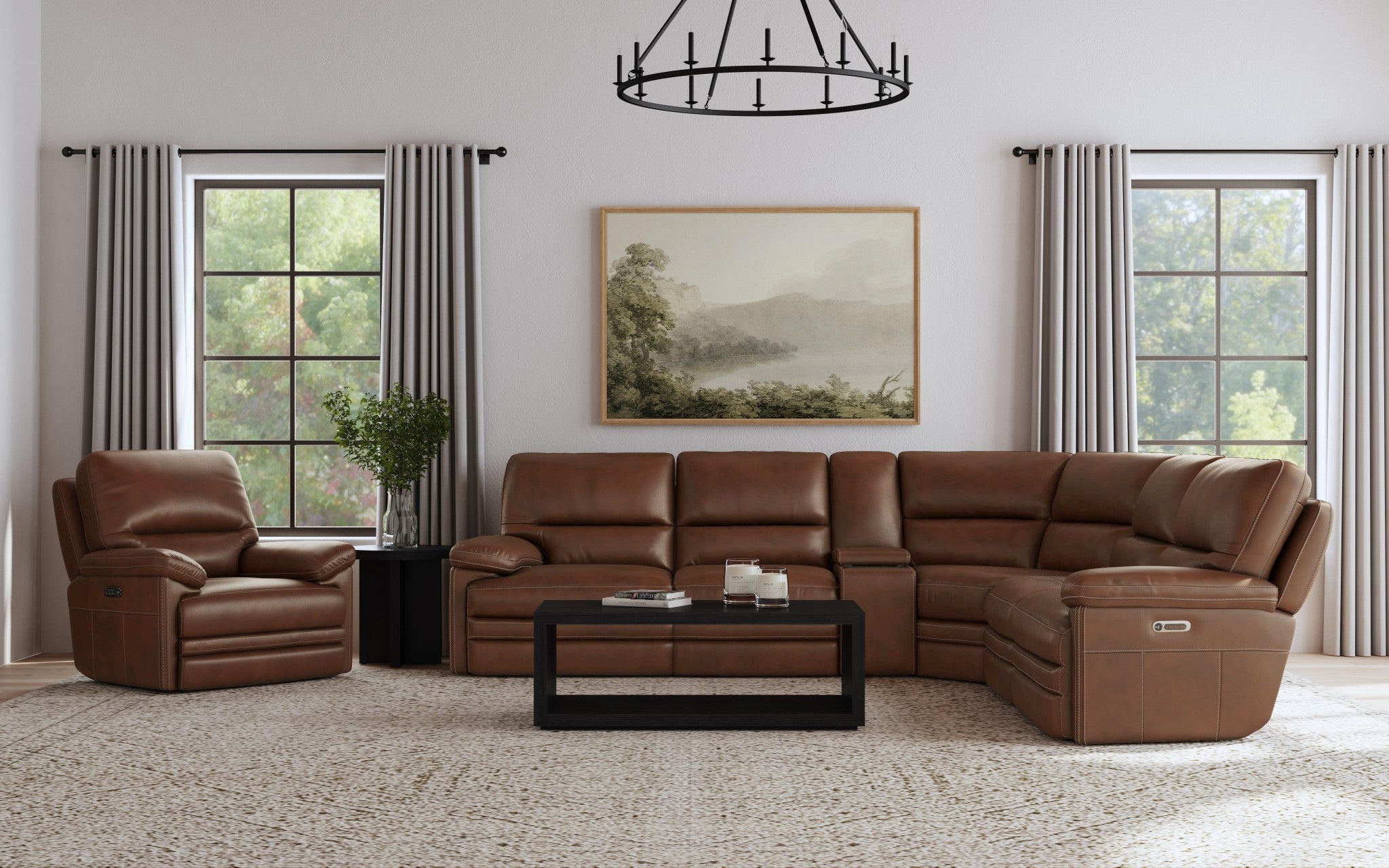 David Pecan Leather Power Reclining Sectional with Power Headrests & Lumbar