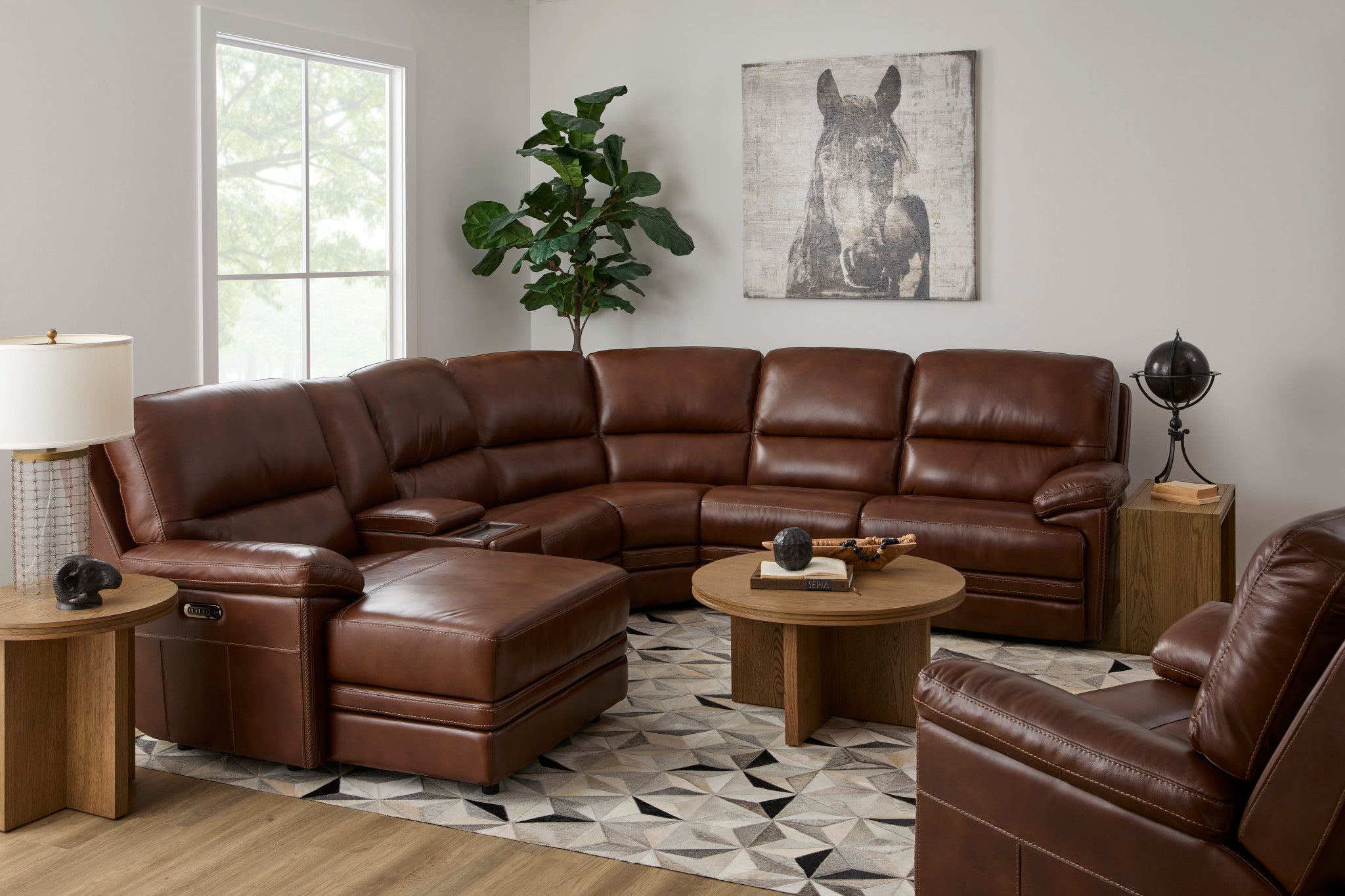 David Pecan Leather Power Reclining Sectional with Power Headrests & Lumbar