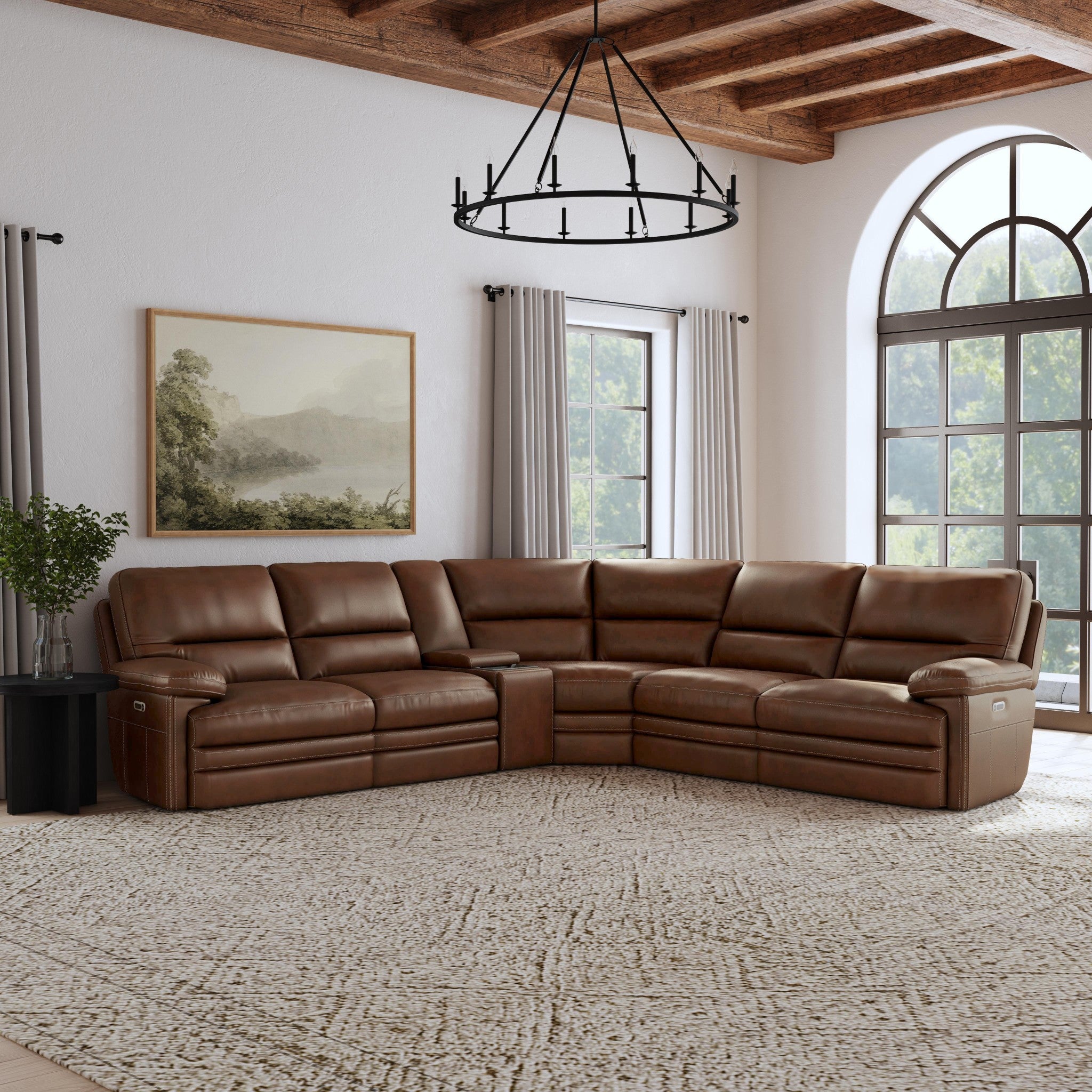 David Pecan Leather Power Reclining Sectional with Power Headrests & Lumbar