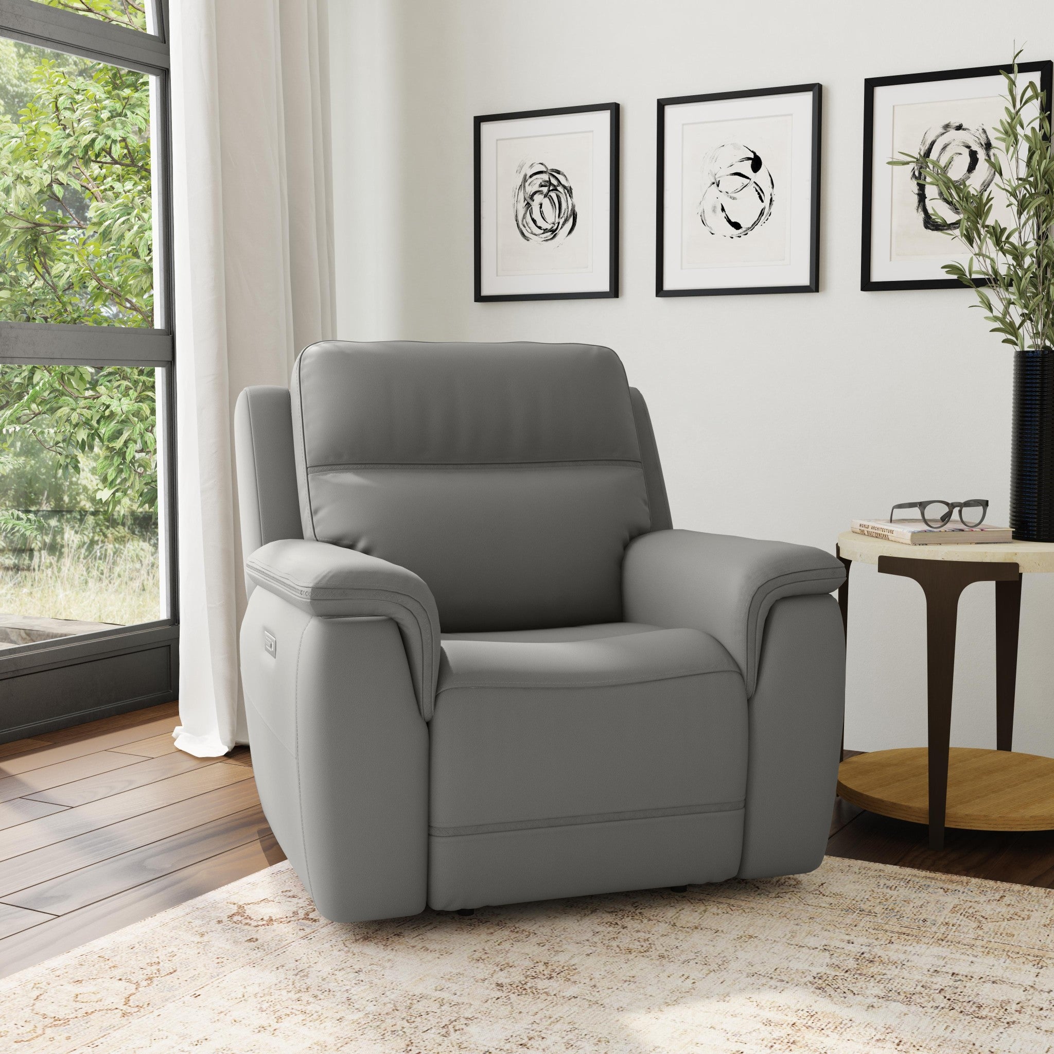 Sawyer Grey Leather Power Recliner with Power Headrest & Lumbar