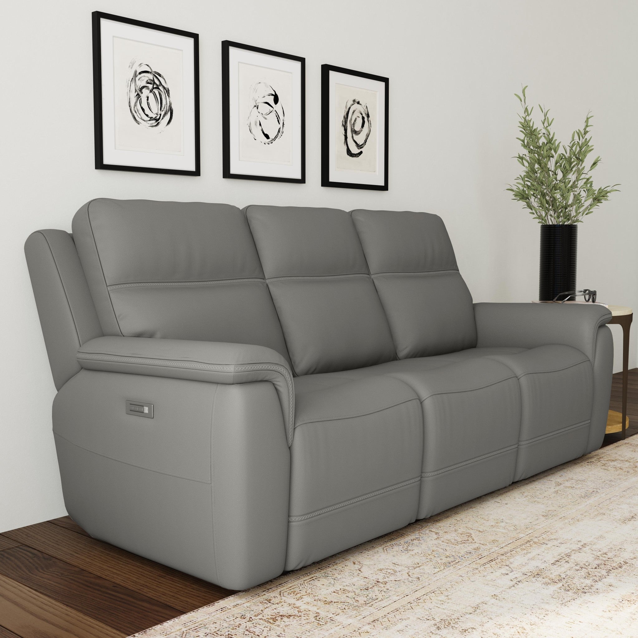 Sawyer Grey Leather Power Reclining Sofa with Power Headrests & Lumbar