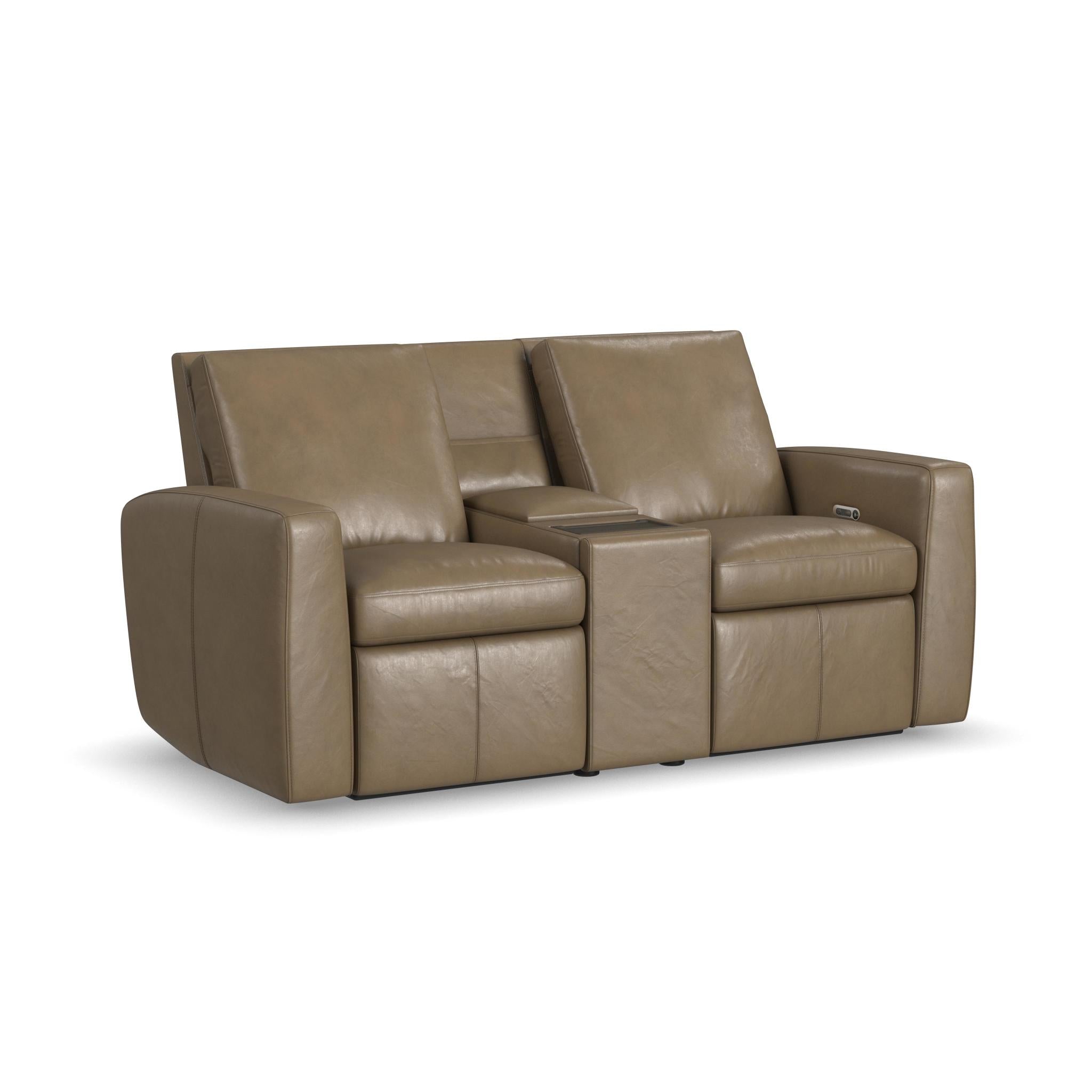 Aria Fawn Leather Power Reclining Loveseat with Console