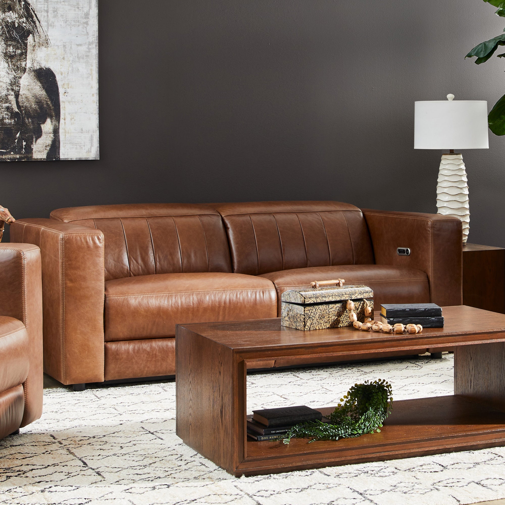 Austin Chestnut Leather Power Reclining Sofa with Power Headrests