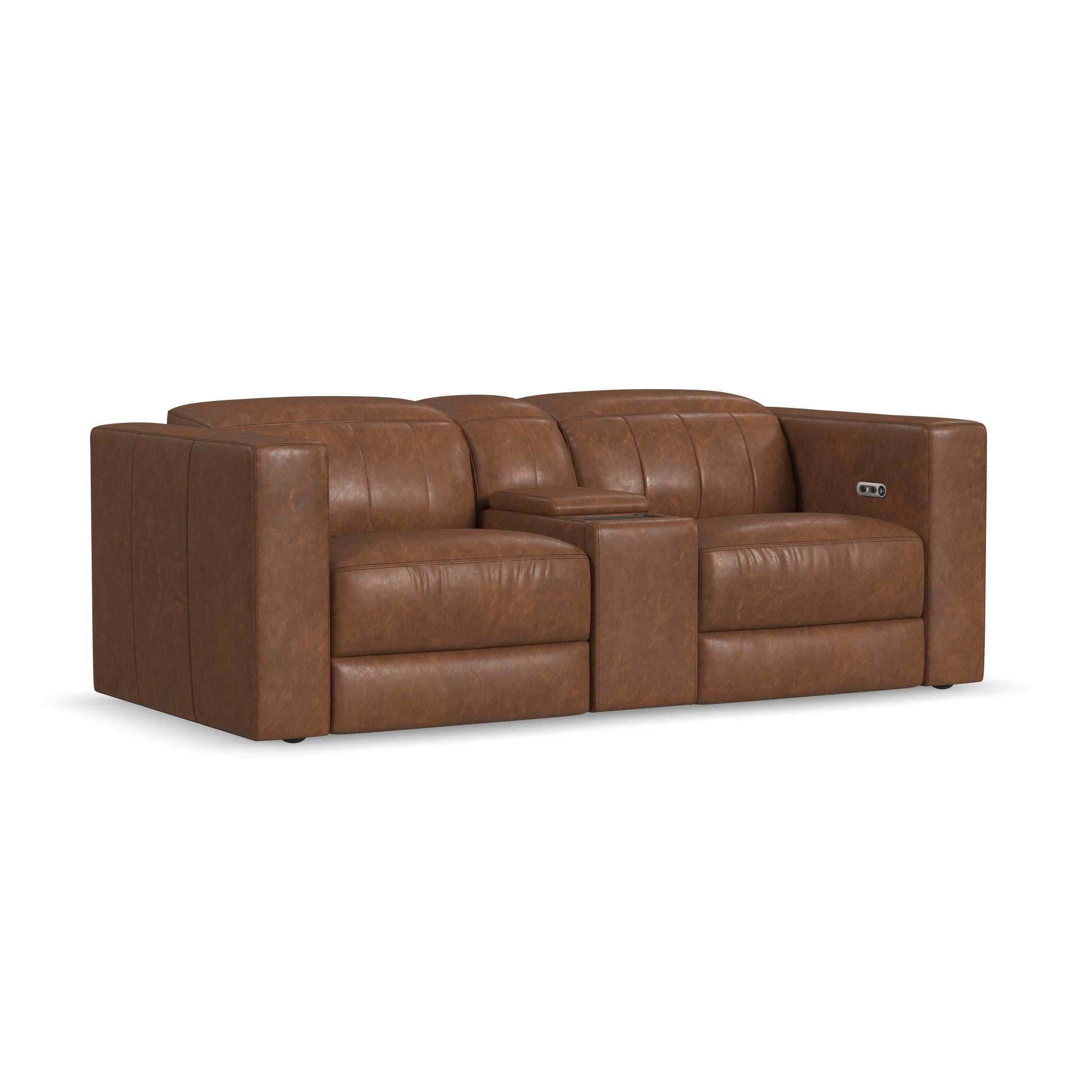 Austin Chestnut Leather Power Reclining Loveseat with Console and Power Headrests