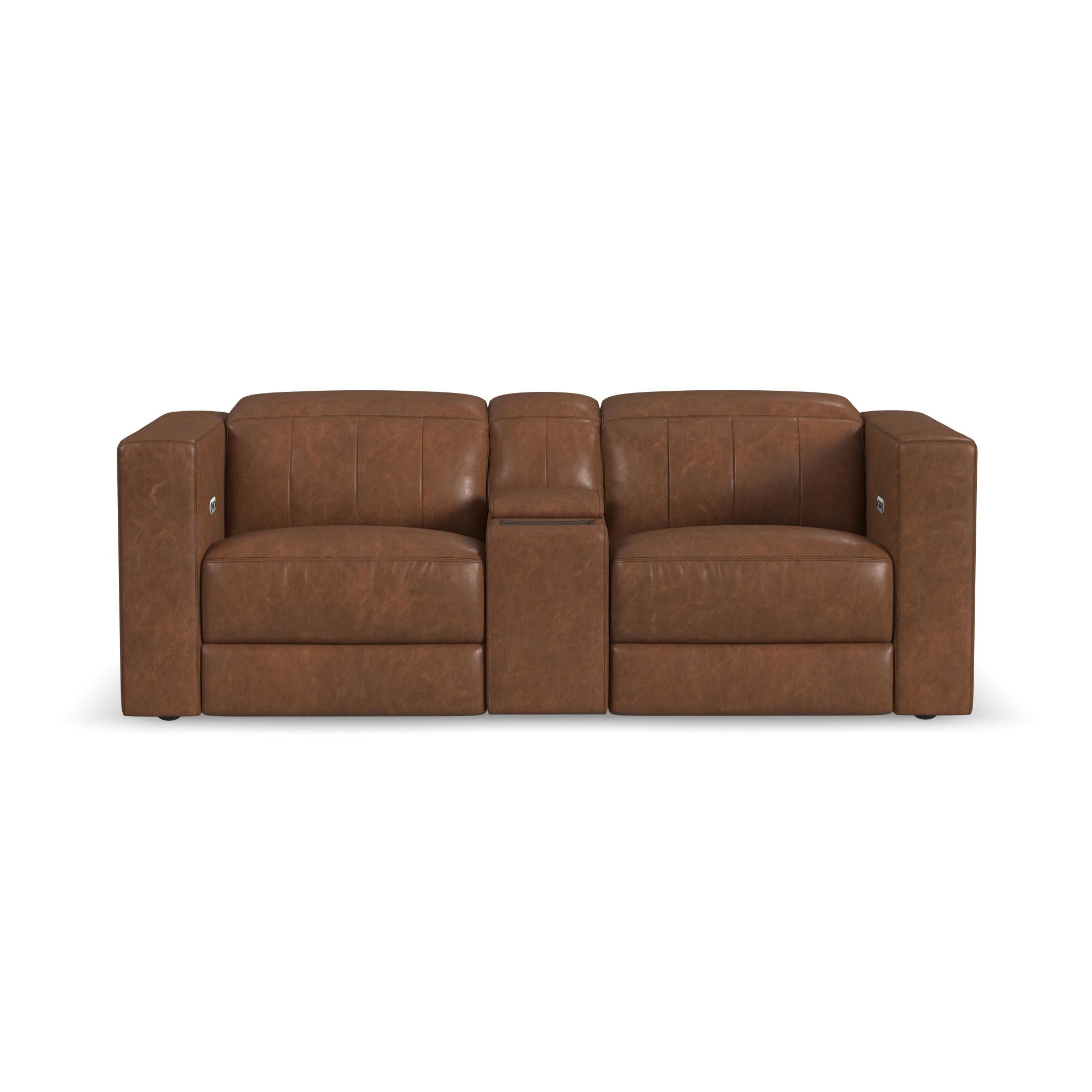 Austin Chestnut Leather Power Reclining Loveseat with Console and Power Headrests