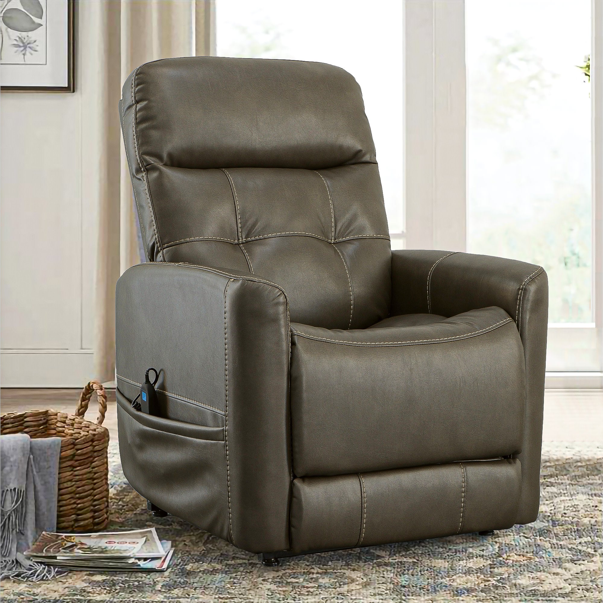 Kenner Driftwood Fabric Power Lift Recliner with Power Headrest & Lumbar