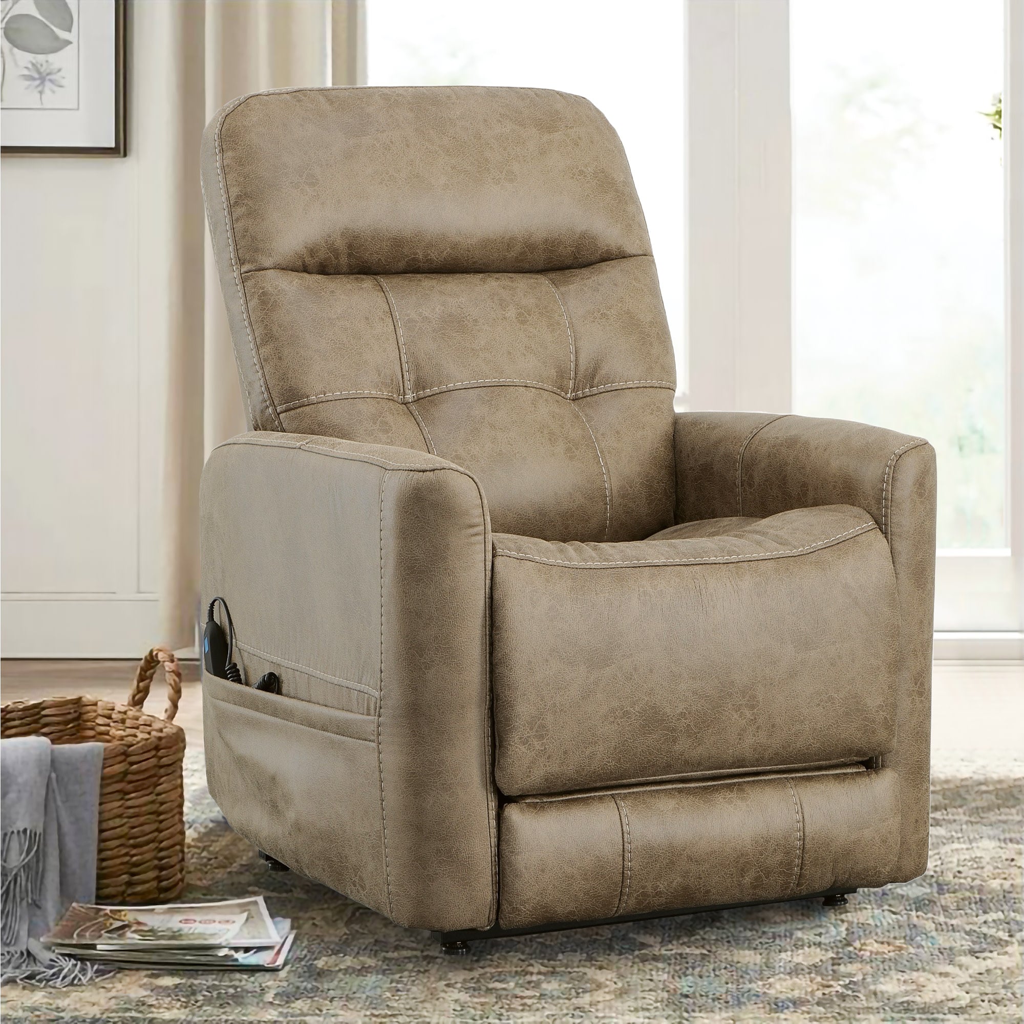 Kenner Sand Fabric Power Lift Recliner with Power Headrest & Lumbar