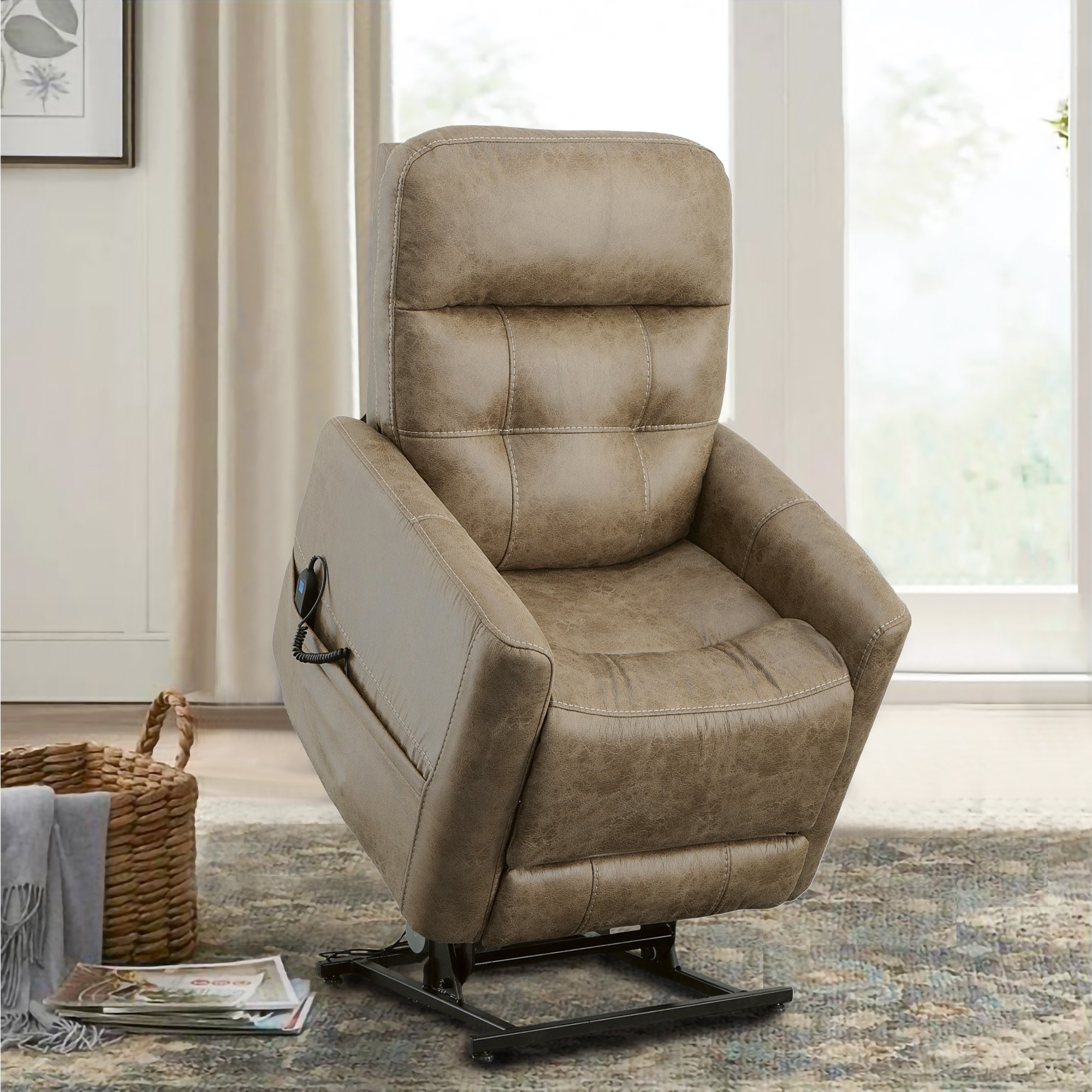 Kenner Sand Fabric Power Lift Recliner with Power Headrest & Lumbar