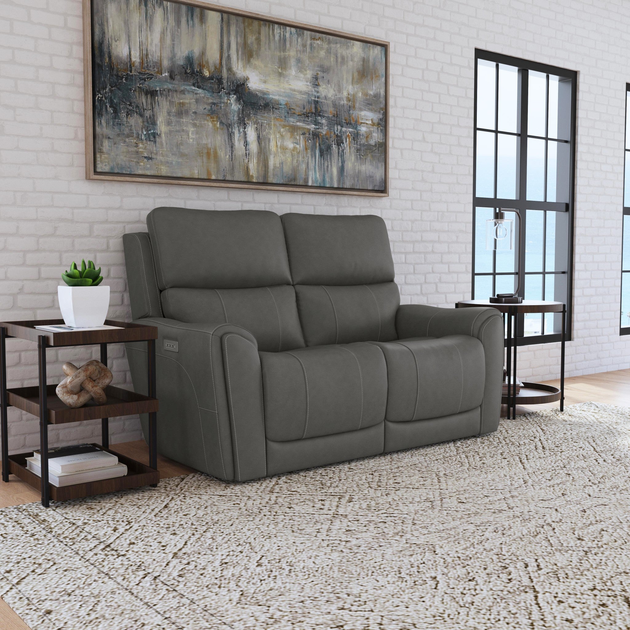 Calvin Smoke Fabric Power Reclining Loveseat with Power Headrests & Lumbar