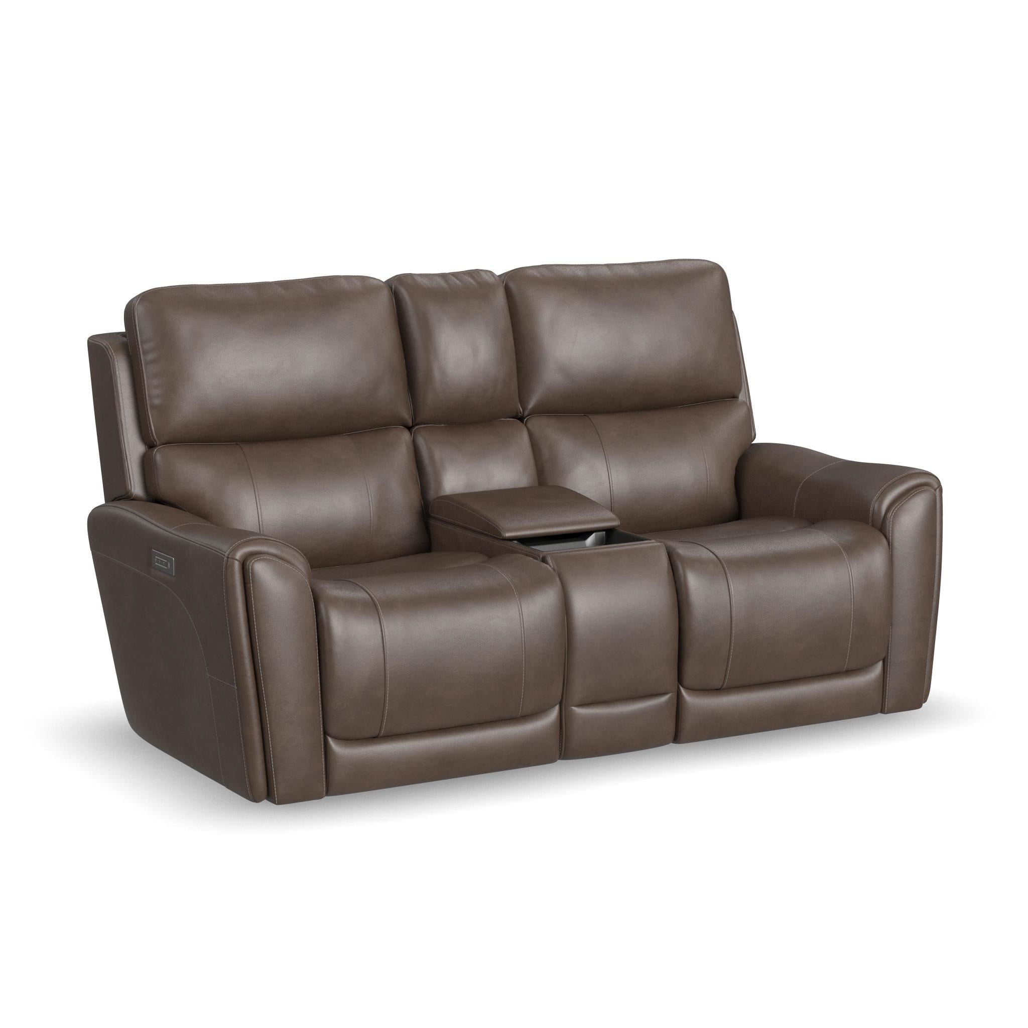 Calvin Cuppuccino Fabric Power Reclining Loveseat with Console & Power Headrests & Lumbar