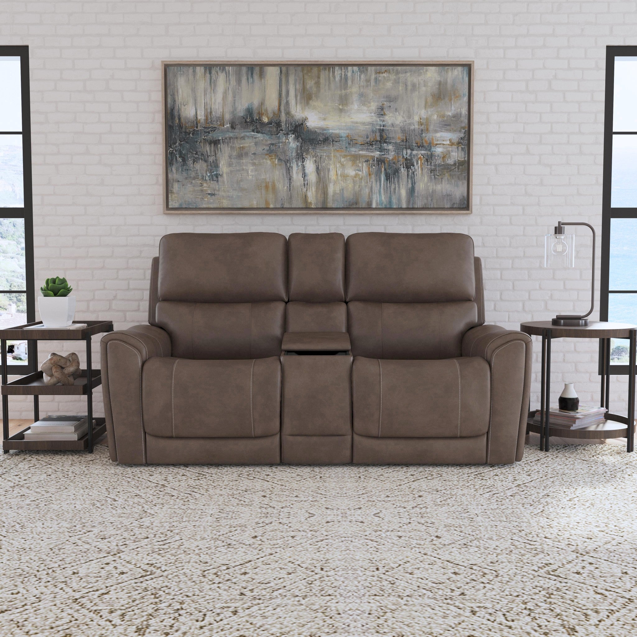 Calvin Cuppuccino Fabric Power Reclining Loveseat with Console & Power Headrests & Lumbar