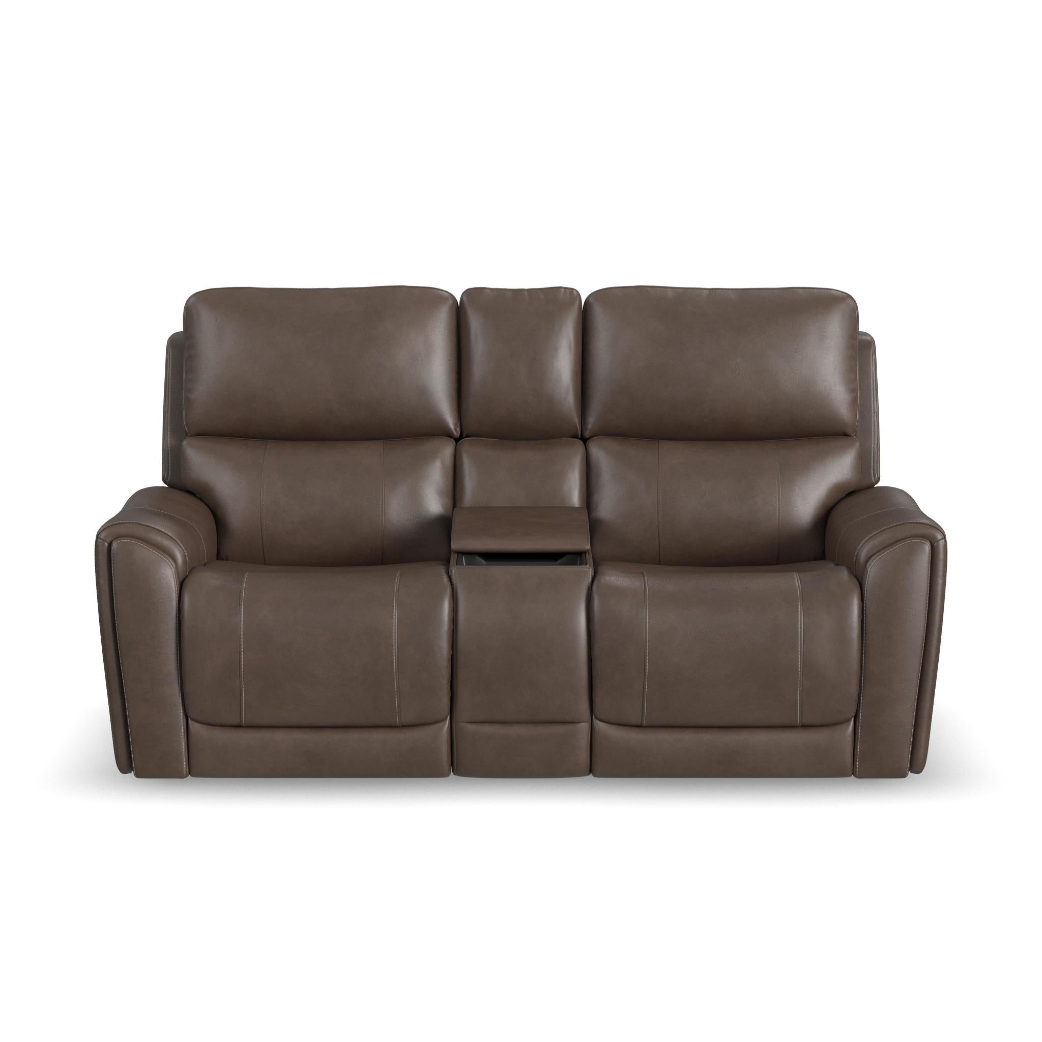 Calvin Cuppuccino Fabric Power Reclining Loveseat with Console & Power Headrests & Lumbar