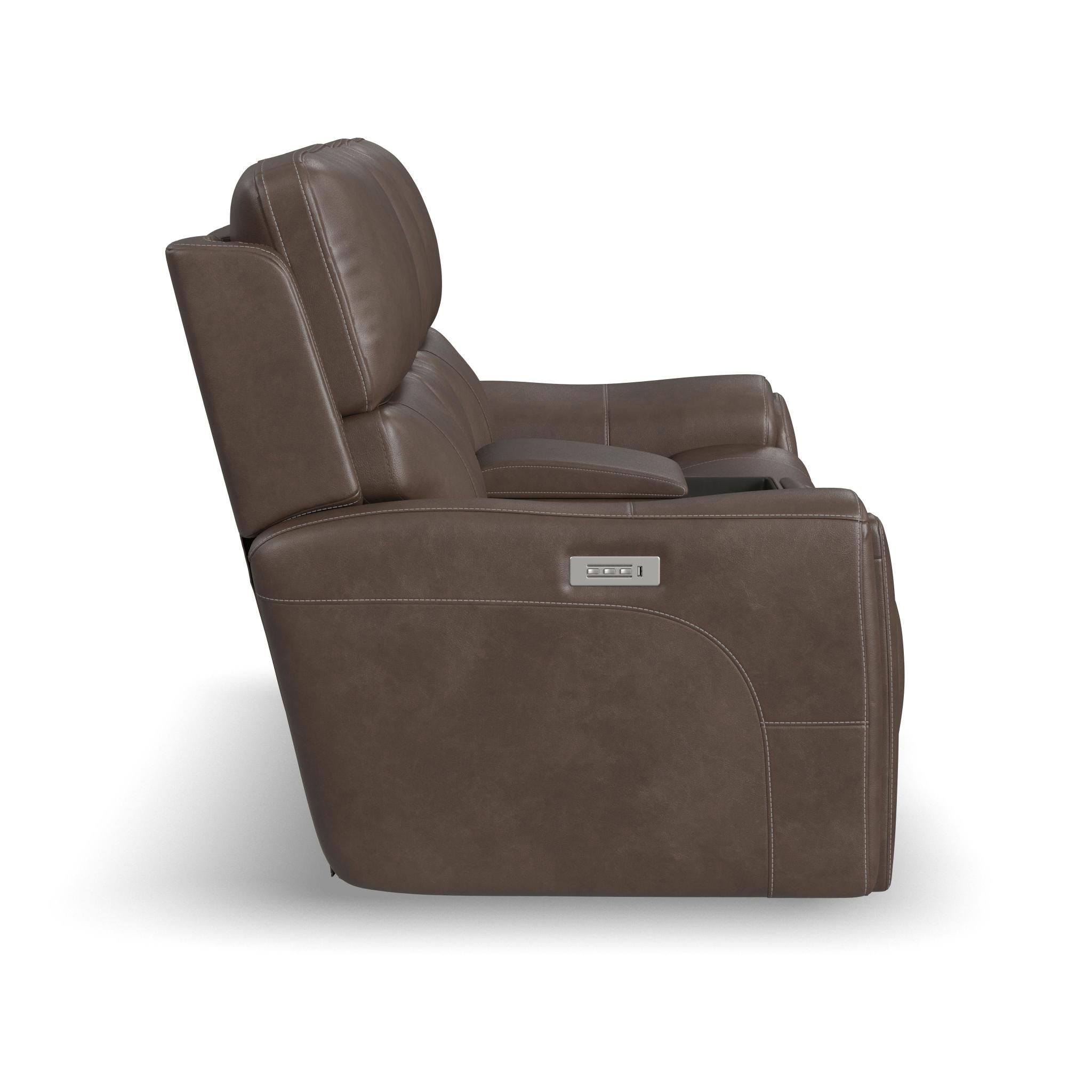 Calvin Cuppuccino Fabric Power Reclining Loveseat with Console & Power Headrests & Lumbar