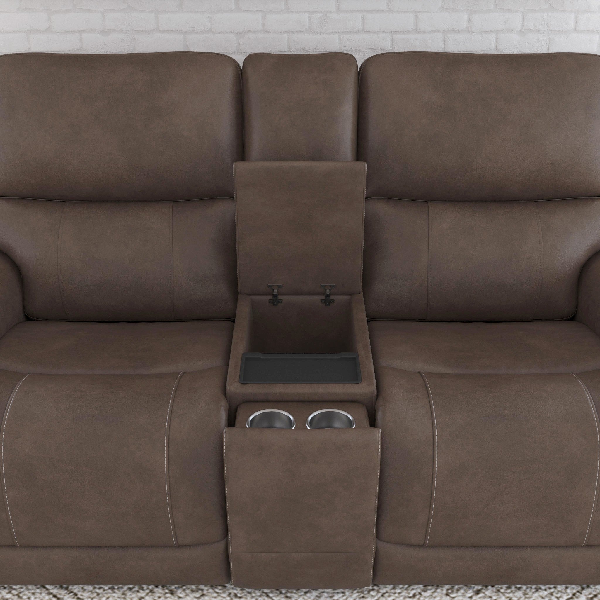 Calvin Cuppuccino Fabric Power Reclining Loveseat with Console & Power Headrests & Lumbar