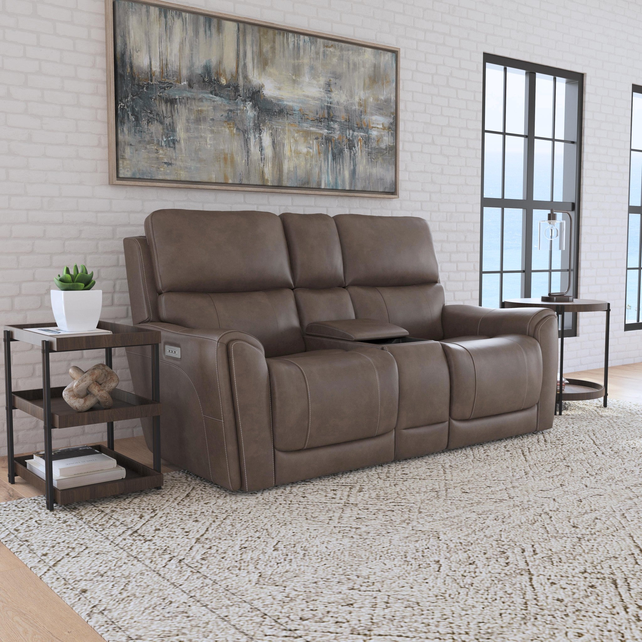 Calvin Cuppuccino Fabric Power Reclining Loveseat with Console & Power Headrests & Lumbar