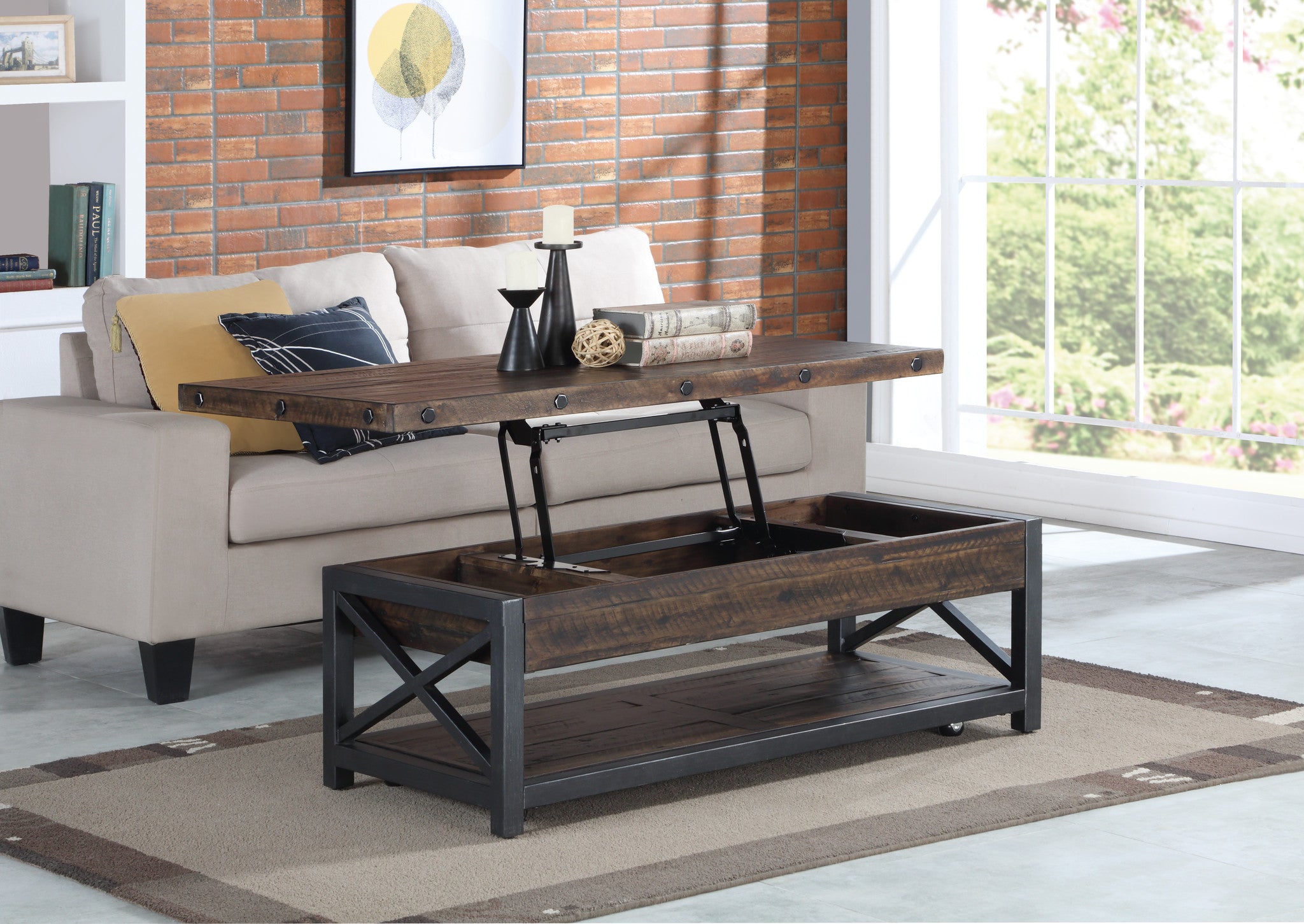 Carpenter Brown Rectangular Lift-Top Coffee Table with Casters