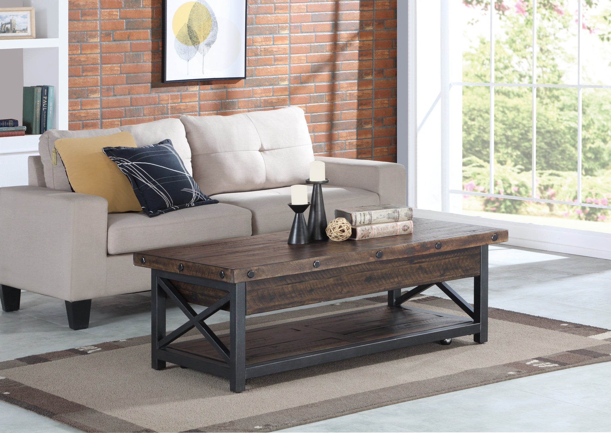 Carpenter Brown Rectangular Lift-Top Coffee Table with Casters