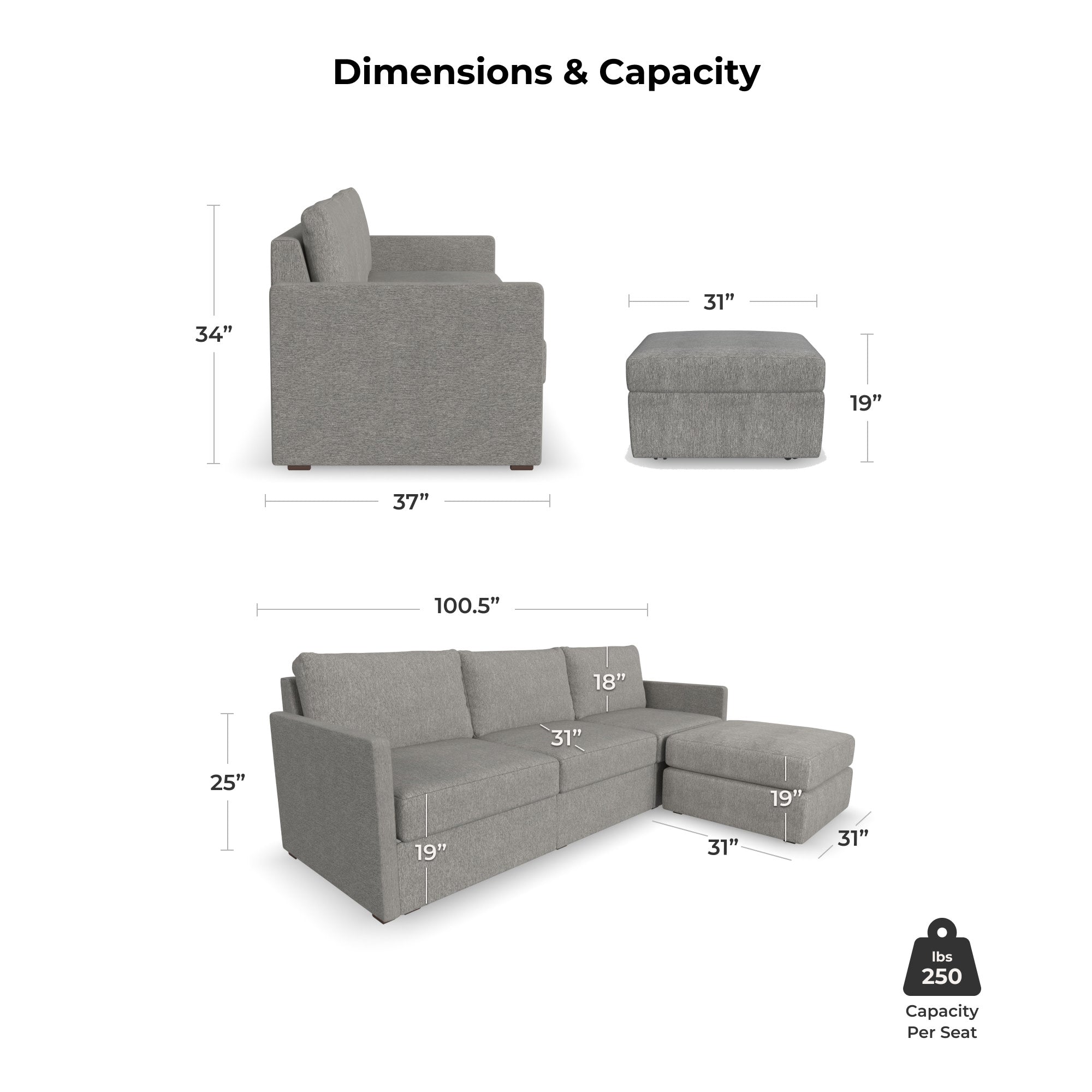 Flex Pebble Sofa with Narrow Arm and Storage Ottoman